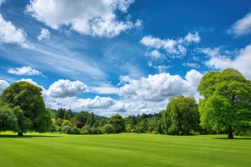 Lush green field under a vibrant blue sky