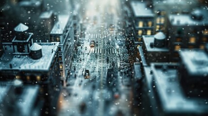 Snowy city street aerial view