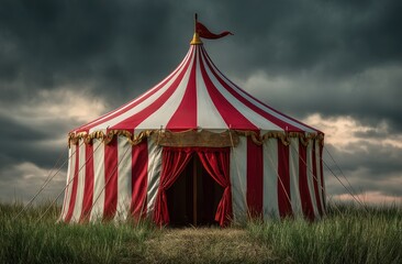 Red and white striped circus tent under a stormy sky