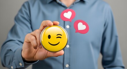 Winking emoji with heart icons for social media engagement and online dating profile picture concept