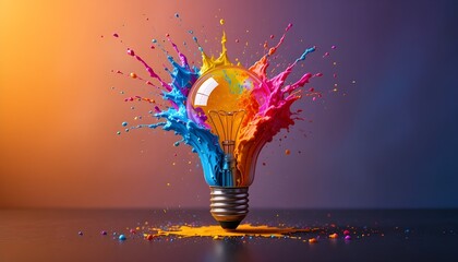 A light bulb exploding with colorful paint, symbolizing creativity, innovation, and bright ideas