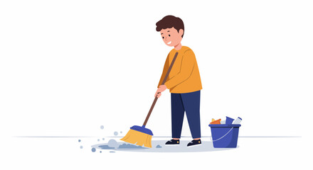 Obraz premium A young boy enthusiastically sweeps the floor, collecting debris into a blue bucket, demonstrating a chore