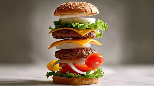 An exploded burger with separated layers of bun patty cheese lettuce onion and tomato