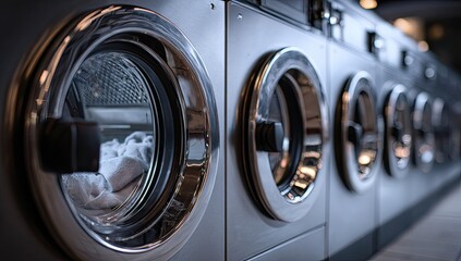 Laundry machines in a row. Close-up view