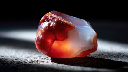 Close-up of a raw carnelian gemstone, showcasing its vibrant red and white banding, illuminated by dramatic lighting