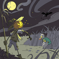 Spooky halloween night with a pumpkin scarecrow and a duck holding a lantern in a field under a full moon