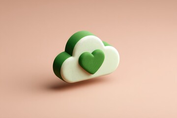 3D rendered cloud icon, light beige/cream, with a green heart, on a light peach background