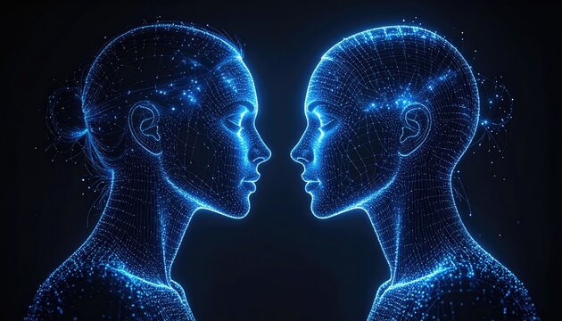 Two mirrored female figures constructed of blue, glowing points and lines, facing each other against a stark black background, ethereal and digital