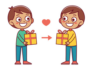 Cartoon boy giving a gift to another boy with heart