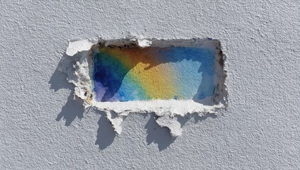 Ripped plaster wall with colorful painted rectangle