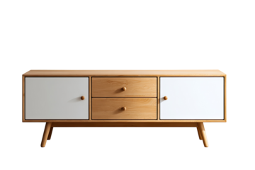 Mid-century modern low media console; light wood, two-tone doors, two drawers, tapered legs