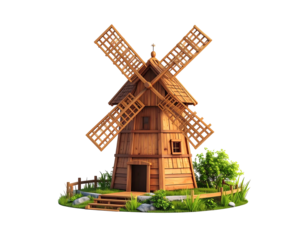 Wooden windmill on grassy knoll