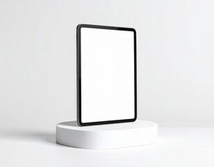 Blank Tablet Mockup: Vertical Screen on White Pedestal. Digital Apps, Presentation Technology & Clean Design