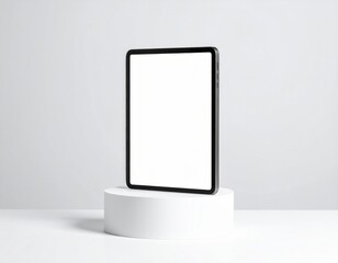 Blank Tablet Mockup: Vertical Screen on White Pedestal. Digital Apps, Presentation Technology & Clean Design
