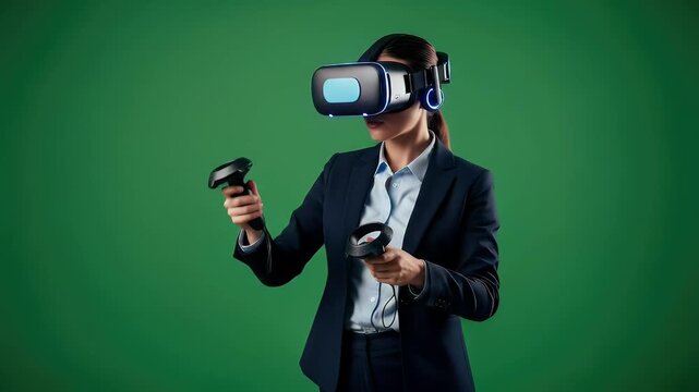 Businesswoman using vr headset and controllers against solid green background