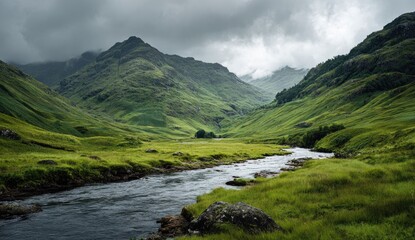 Fototapeta premium Lush valley with flowing river under a dramatic sky