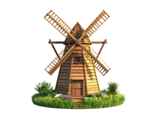 Wooden windmill with garden setting