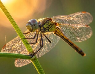 Dragonfly on Green Stem in Morning Light