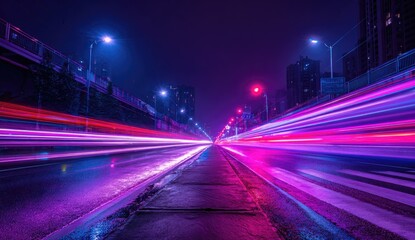 Obraz premium Night cityscape road with vibrant light trails