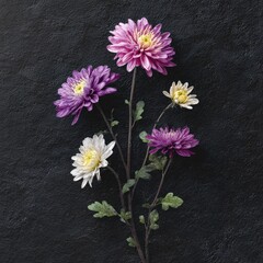 Atop a dark stone surface, a bouquet of faux flowers in shades of pink and purple, accented by white blossoms, stands tall and elegant