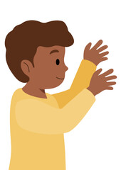 Little boy stretching his hands up. Illustration of child playing, dancing. Child learning and exploration concept for early childhood education.