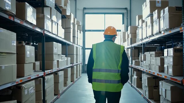 The worker's back is visible as they stand inside a large postal warehouse. The worker's back is visible as they stand in a large postal warehouse filled with shipments.