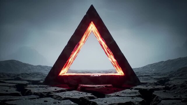 Fiery triangle portal in desolate landscape
