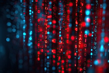 Abstract digital binary code cascading, blurred with glowing red and blue light, bokeh effect