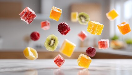 Fruit-flavored cubes and slices, suspended in mid-air, above a kitchen surface