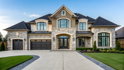 Obraz premium Grand two story house with stone facade, large windows, and a spacious driveway.