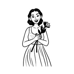 Black and white vector illustration of a beautiful woman holding a flower, minimal clean line art style
