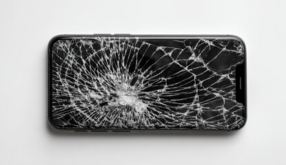 Cracked smartphone screen on white background