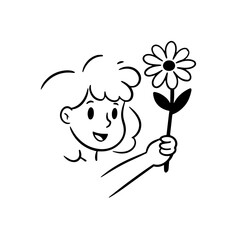 Black and white vector illustration of a beautiful woman holding a flower, minimal clean line art style