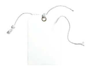 Blank white rectangular tag with knotted string loops