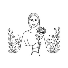 Black and white vector illustration of a beautiful woman holding a flower, minimal clean line art style