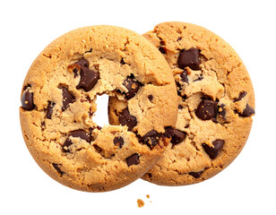 Two chocolate chip cookies stacked, close-up