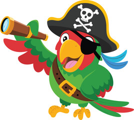 Cartoon pirate parrot, colorful tropical bird, funny animal character, pirate hat, telescope, eye patch, children illustration, adventure mascot design