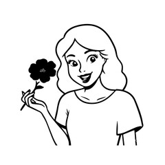 Black and white vector illustration of a beautiful woman holding a flower, minimal clean line art style