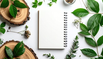 Overhead view of a blank notebook surrounded by greenery, foliage, wood slices and small glass jar on a clean, white surface