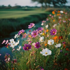 Colorful cosmos flowers bloom along a tranquil waterway bordering a lush green golf course
