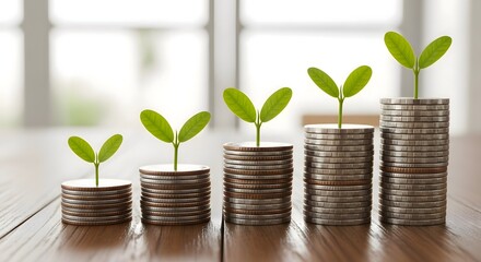 Investing money growth concept with coins and plant sprouts for financial success and savings