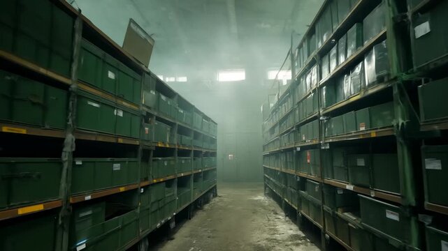 Abandoned warehouse of archival documents. The warehouse contains countless neglected archival files, a silent testament to the past.