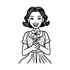 Black and white vector illustration of a beautiful woman holding a flower, minimal clean line art style