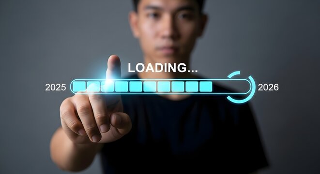Loading bar concept from year twenty twenty five to twenty twenty six with asian man touching screen - Powered by Adobe