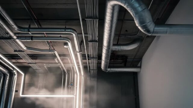 Abstract industrial ceiling with pipes and ventilation system with mist, a technology concept.  Architecture with plumbing tubes for engineering or interior design.