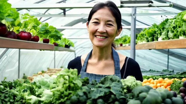 Middle aged Asian woman with her garden vegetable crop. The middle-aged woman checks her vegetable plants, pleased with their healthy growth and vitality.