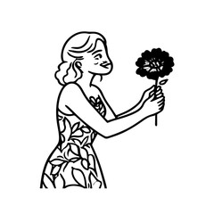 Black and white vector illustration of a beautiful woman holding a flower, minimal clean line art style