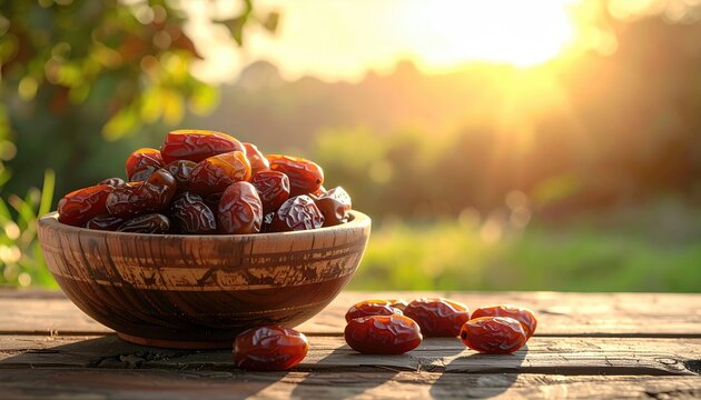 A wooden bowl filled with dates sits on rustic wood with a sunny, blurred background. Sweet and natural light, organic food