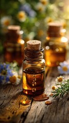 Amber liquid in a small glass bottle, cork stopper, resting on a rustic wooden surface, surrounded by wildflowers