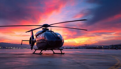 Helicopter on tarmac at sunset